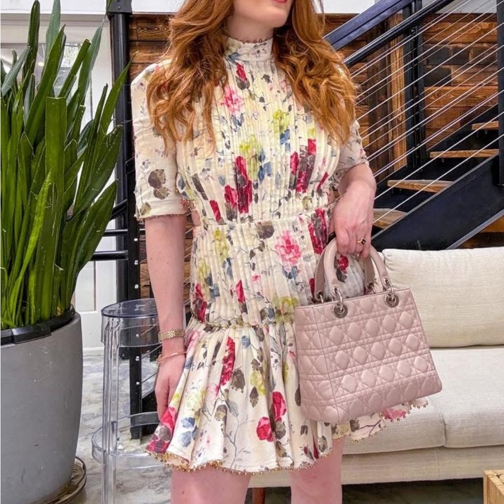 Zimmermann Mischief Cream Floral Pintuck Mini Dress w/Pink Roses Corset Back - Picture 5 of 12